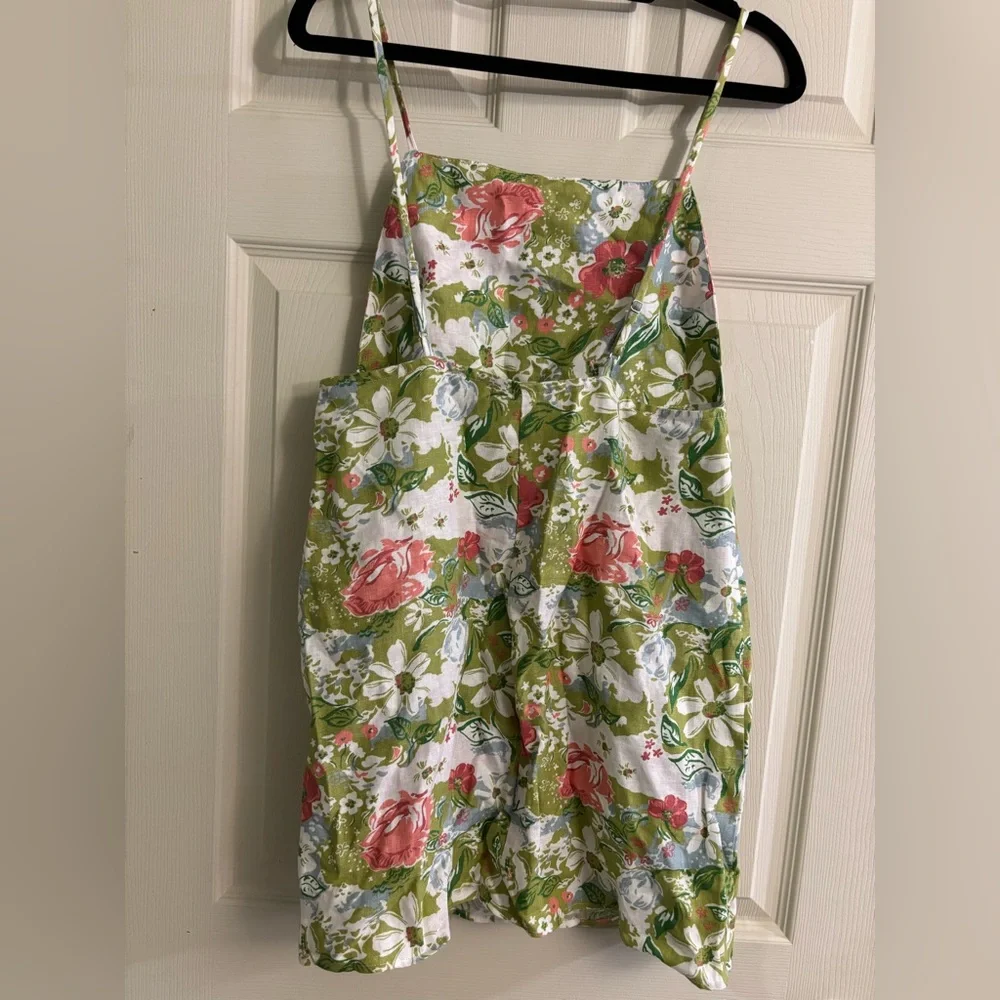 Reformation Full Linen Floral Square-Neck Mini Dress in Green, Pink and Blue - Picture 3 of 8